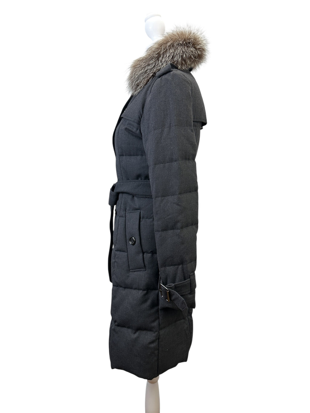 Burberry Dark Grey Puffer Long Coat w/ Fur Hood Size 38