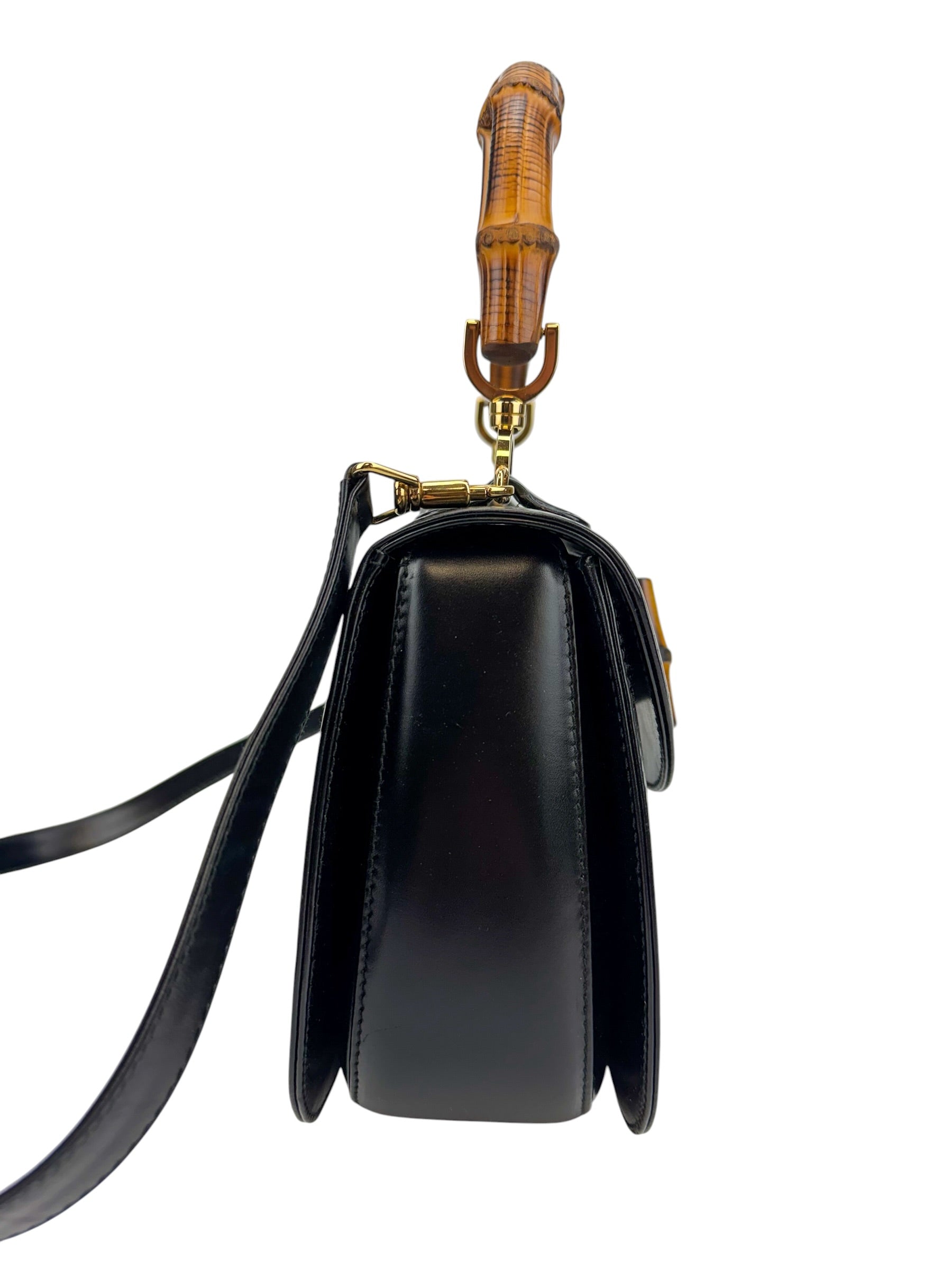 Gucci Vintage Medium Black Leather 1947 Bamboo Bag