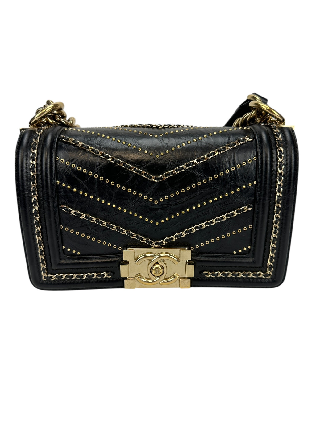 Chanel Black Leather Embellished Small Boy Bag