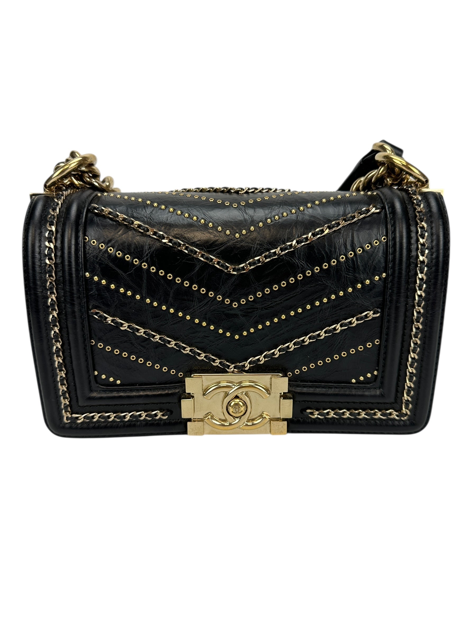 Chanel Black Leather Embellished Small Boy Bag