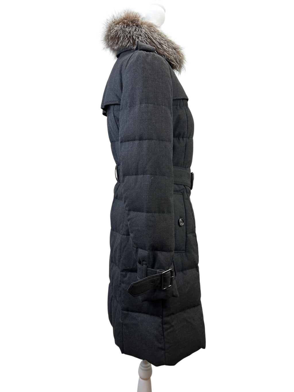 Burberry Dark Grey Puffer Long Coat w/ Fur Hood Size 38