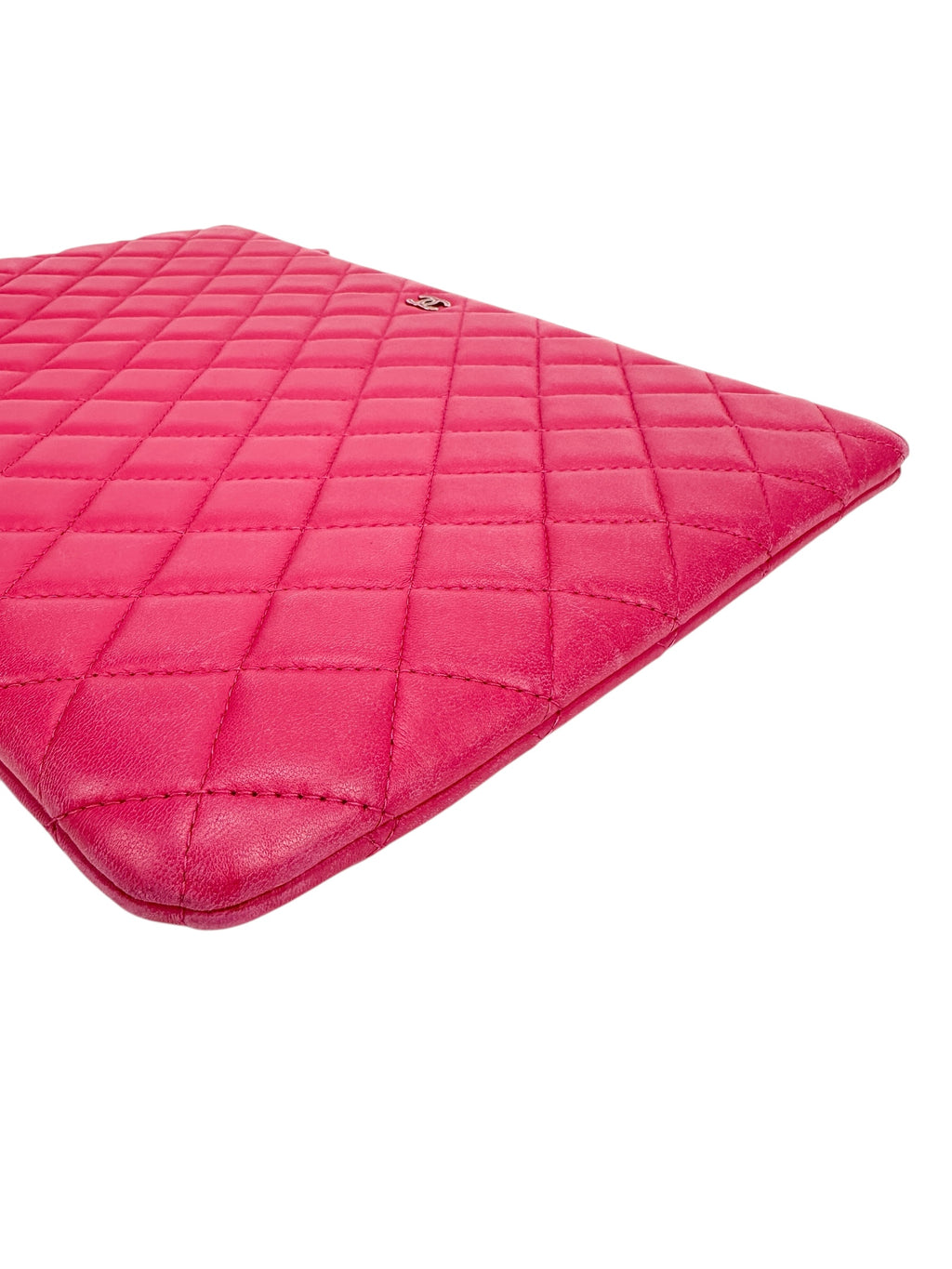 Chanel Pink Leather Quilted Large O Case Clutch