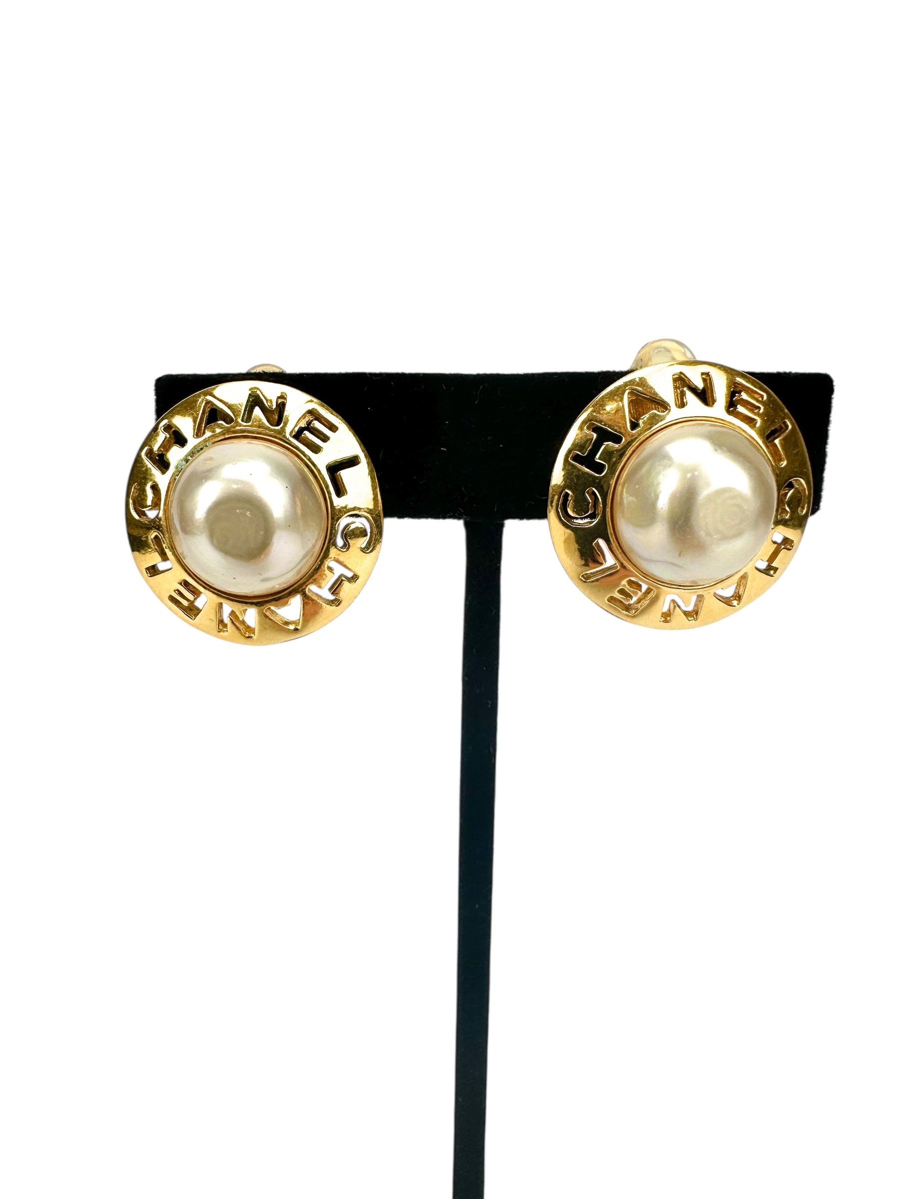 Chanel Round Faux Pearl Clip On Earrings