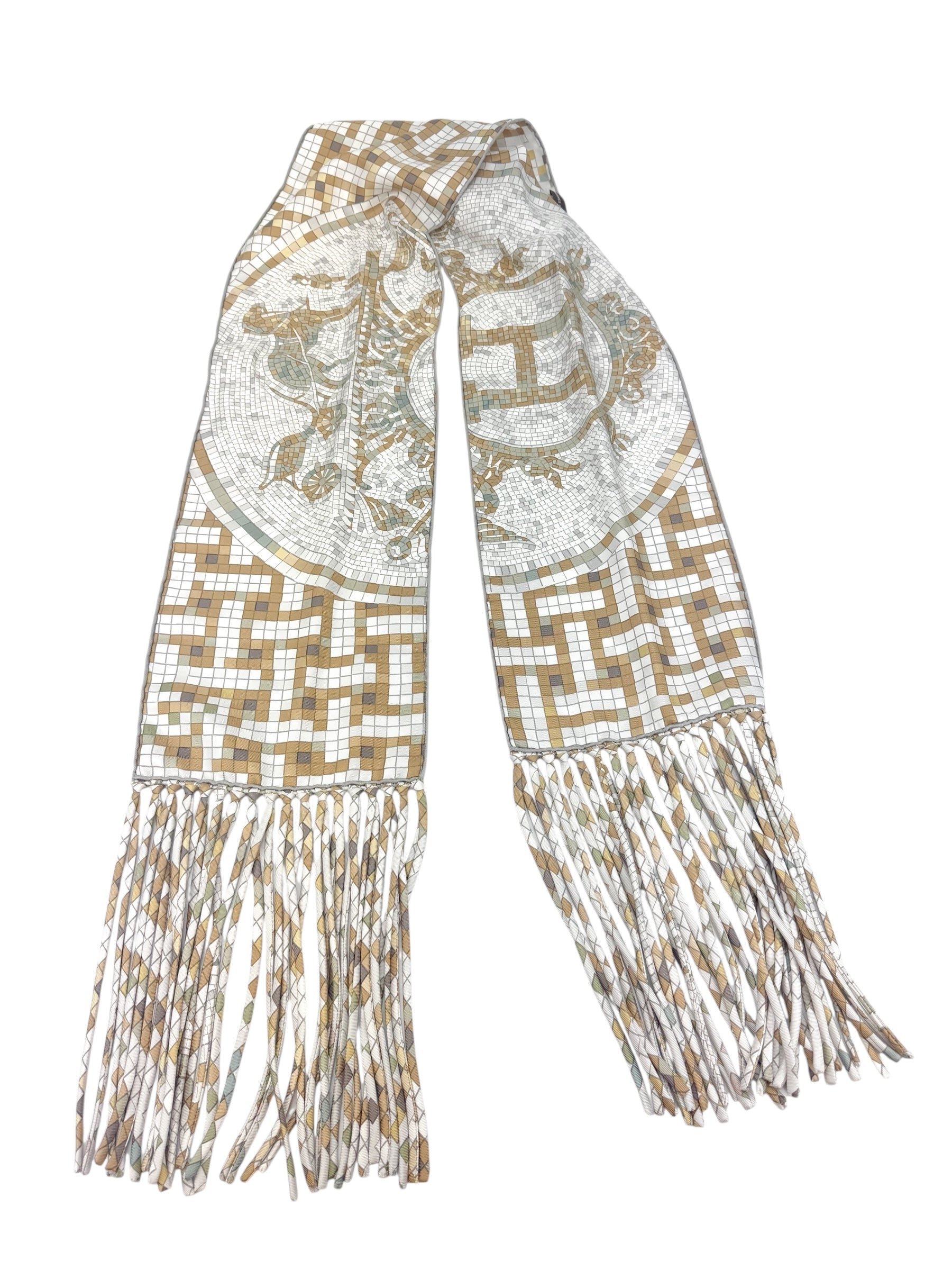 Hermès Mosaic 'H' Logo Fringe 100% Silk Scarf/Shawl