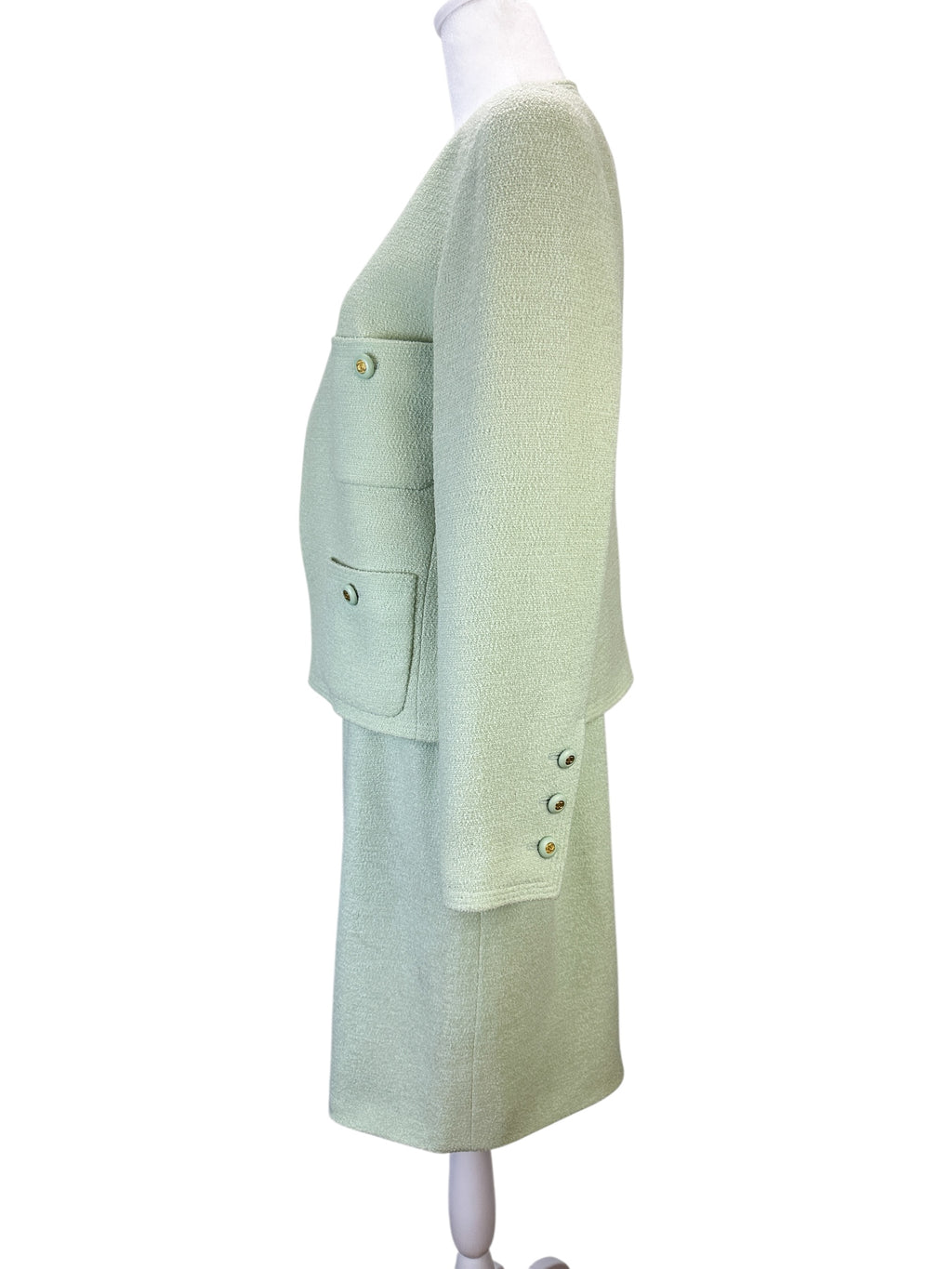 Chanel Green Tweed Jacket and Skirt Suit Size 42
