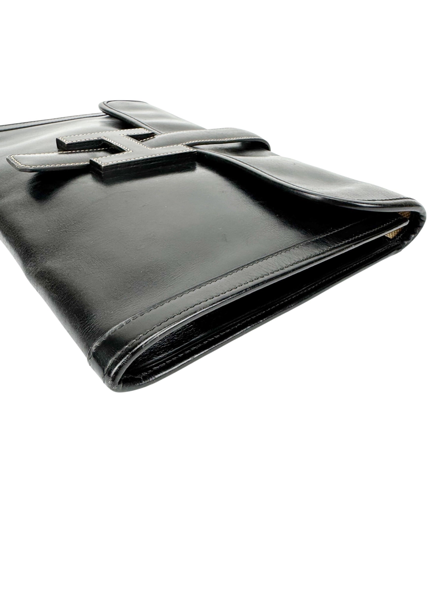 Hermès Vintage Black Box Calf Leather Jige Clutch PM