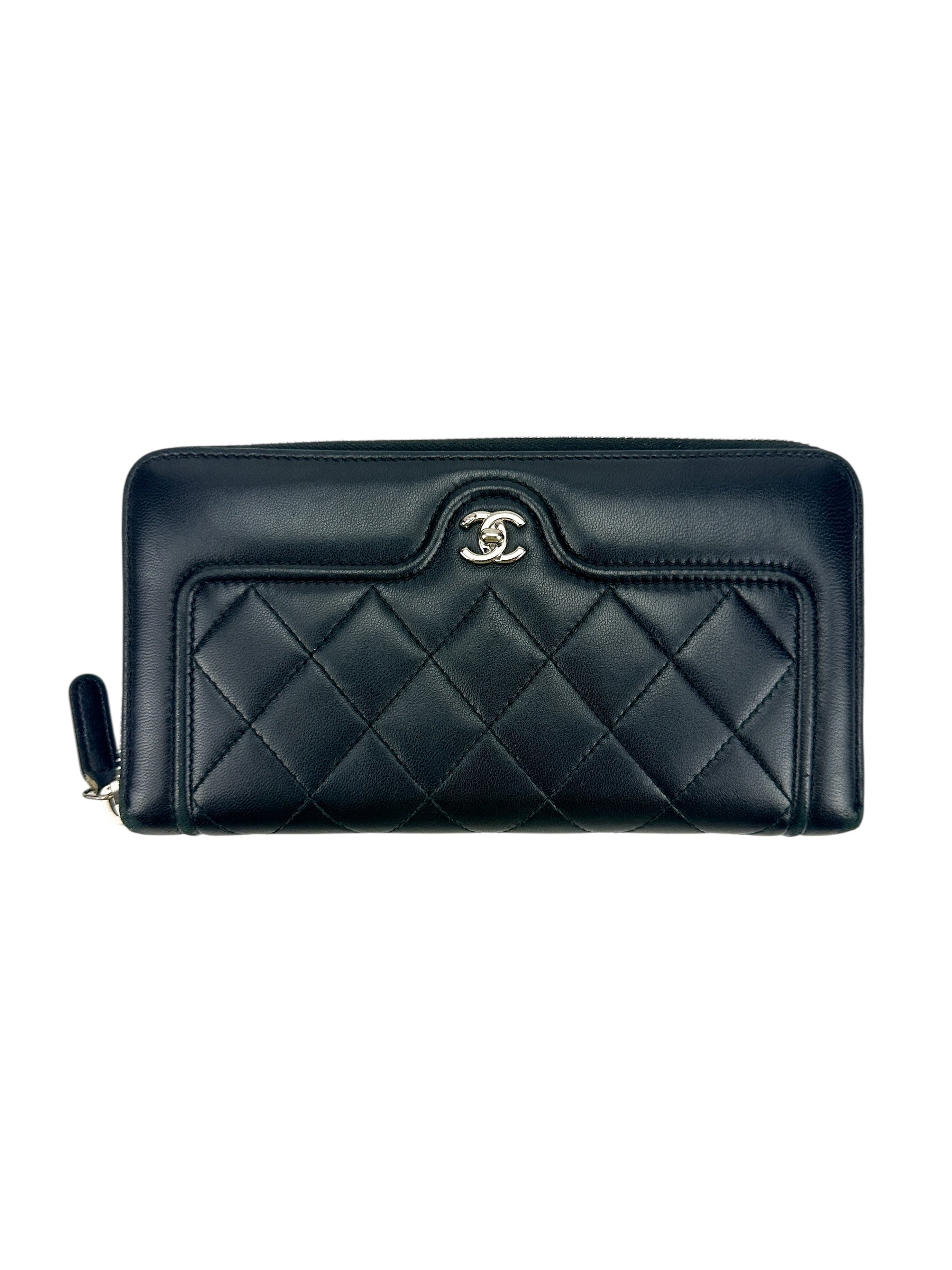 Chanel Black Quilted Lambskin Zip Around Wallet