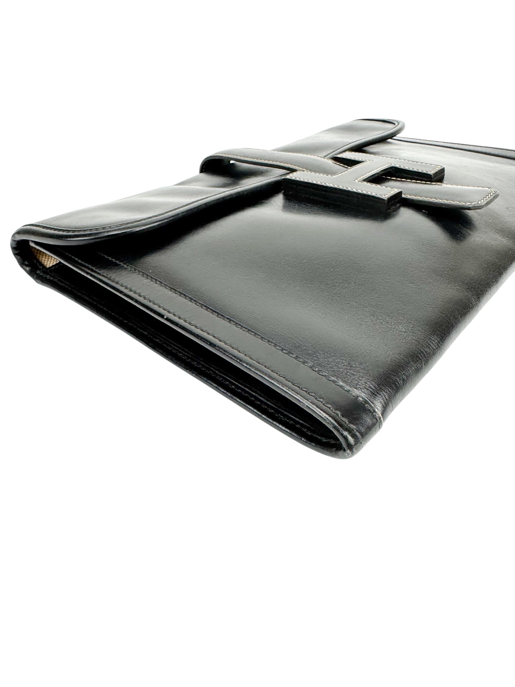 Hermès Vintage Black Box Calf Leather Jige Clutch PM
