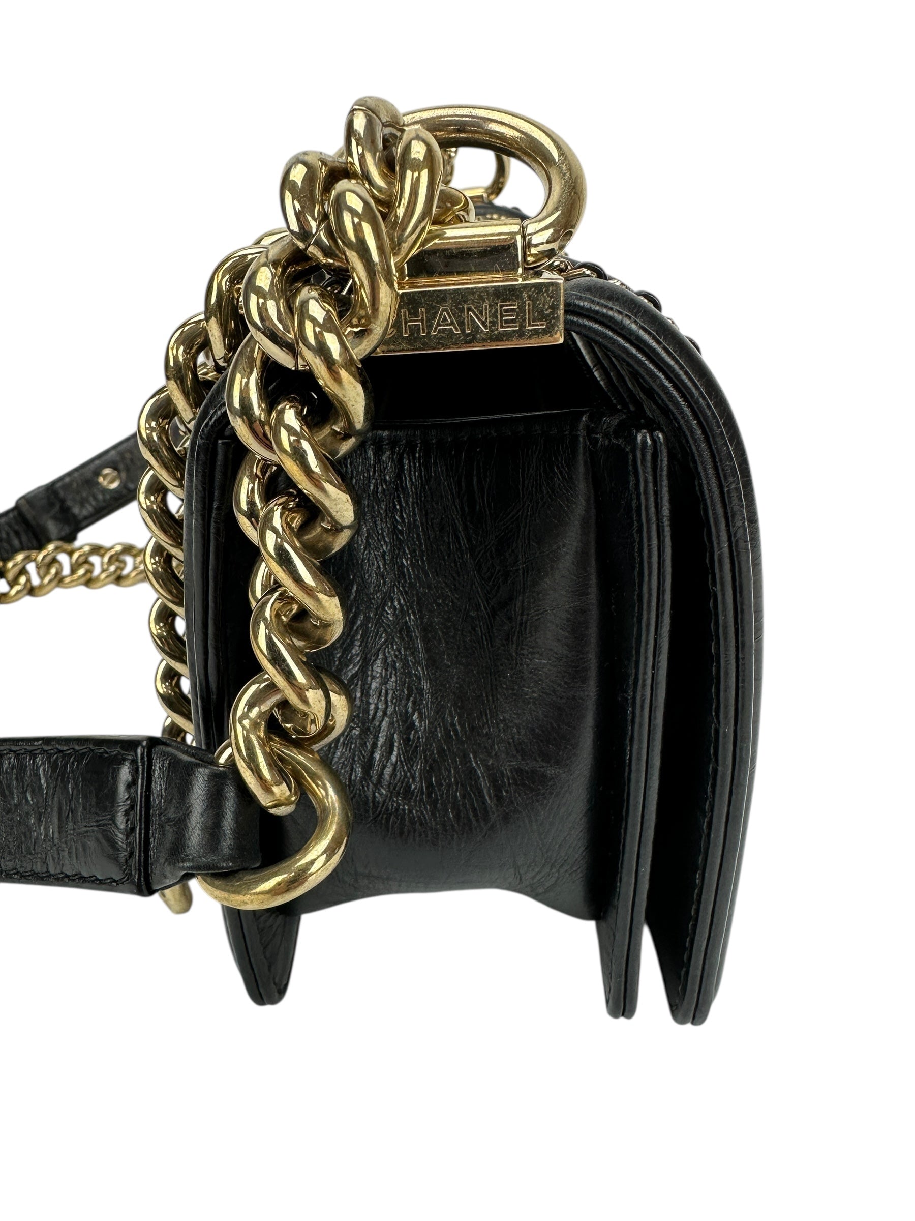 Chanel Black Leather Embellished Small Boy Bag