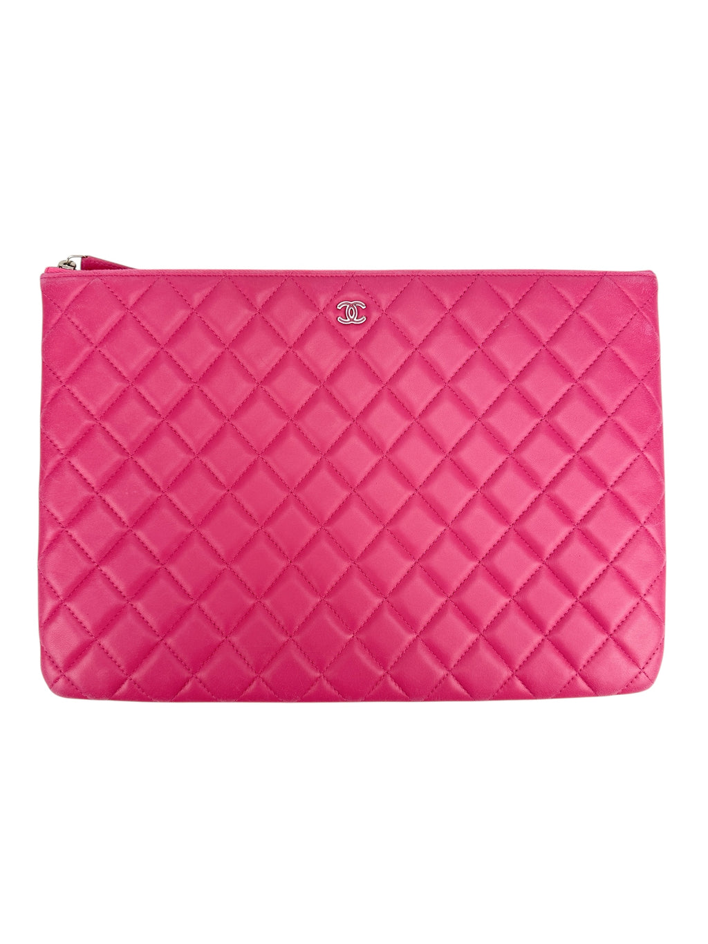 Chanel Pink Leather Quilted Large O Case Clutch