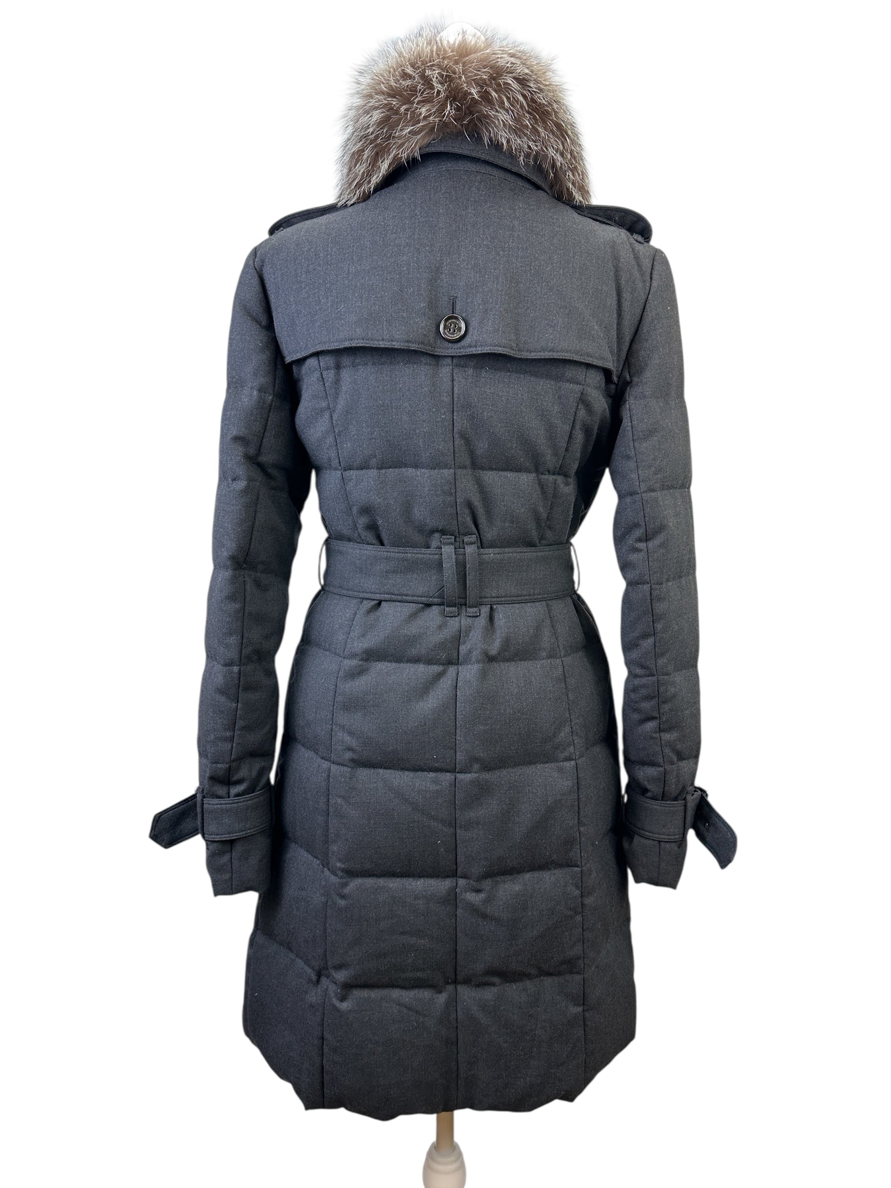 Burberry Dark Grey Puffer Long Coat w/ Fur Hood Size 38