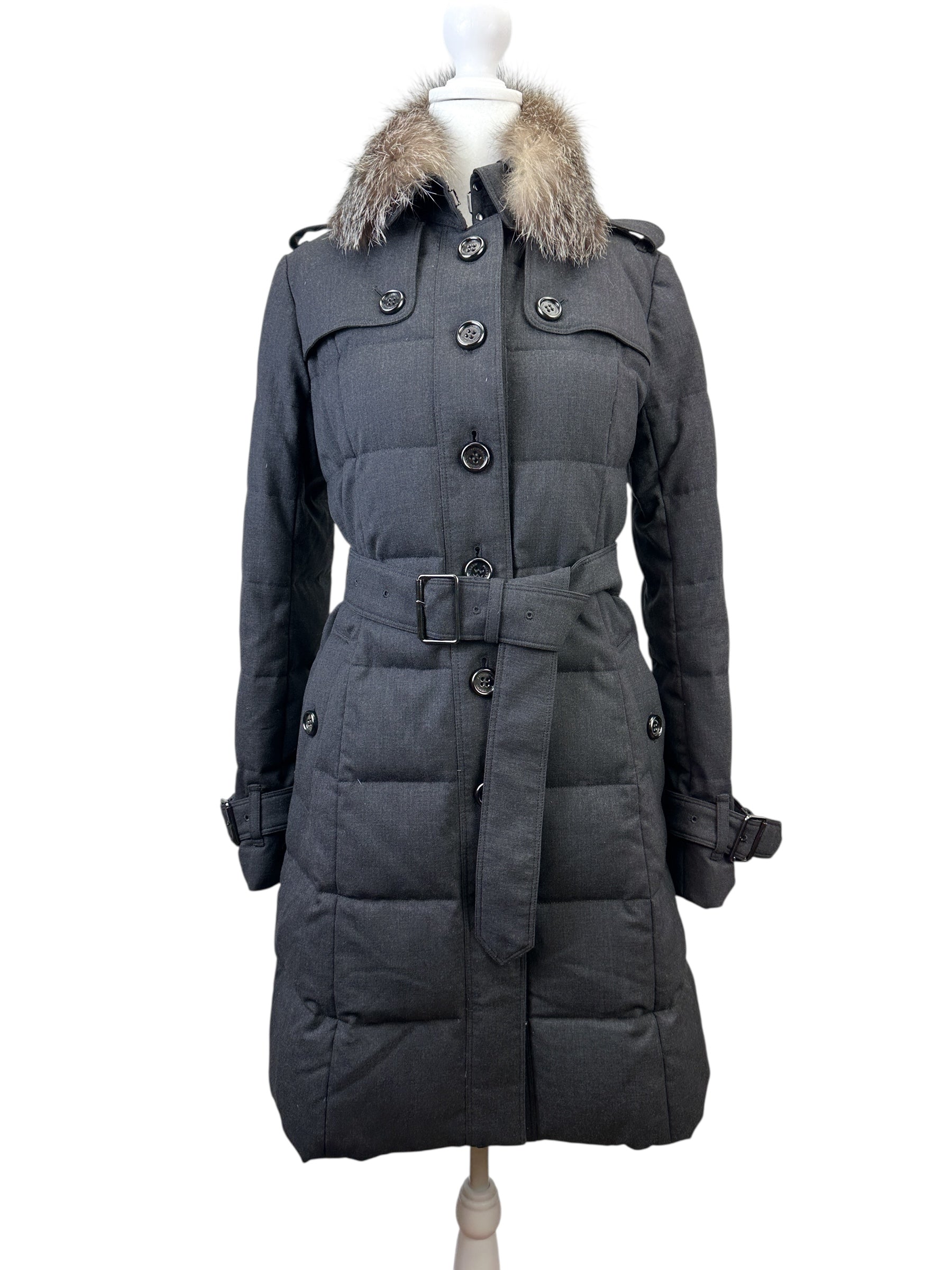Burberry Dark Grey Puffer Long Coat w/ Fur Hood Size 38