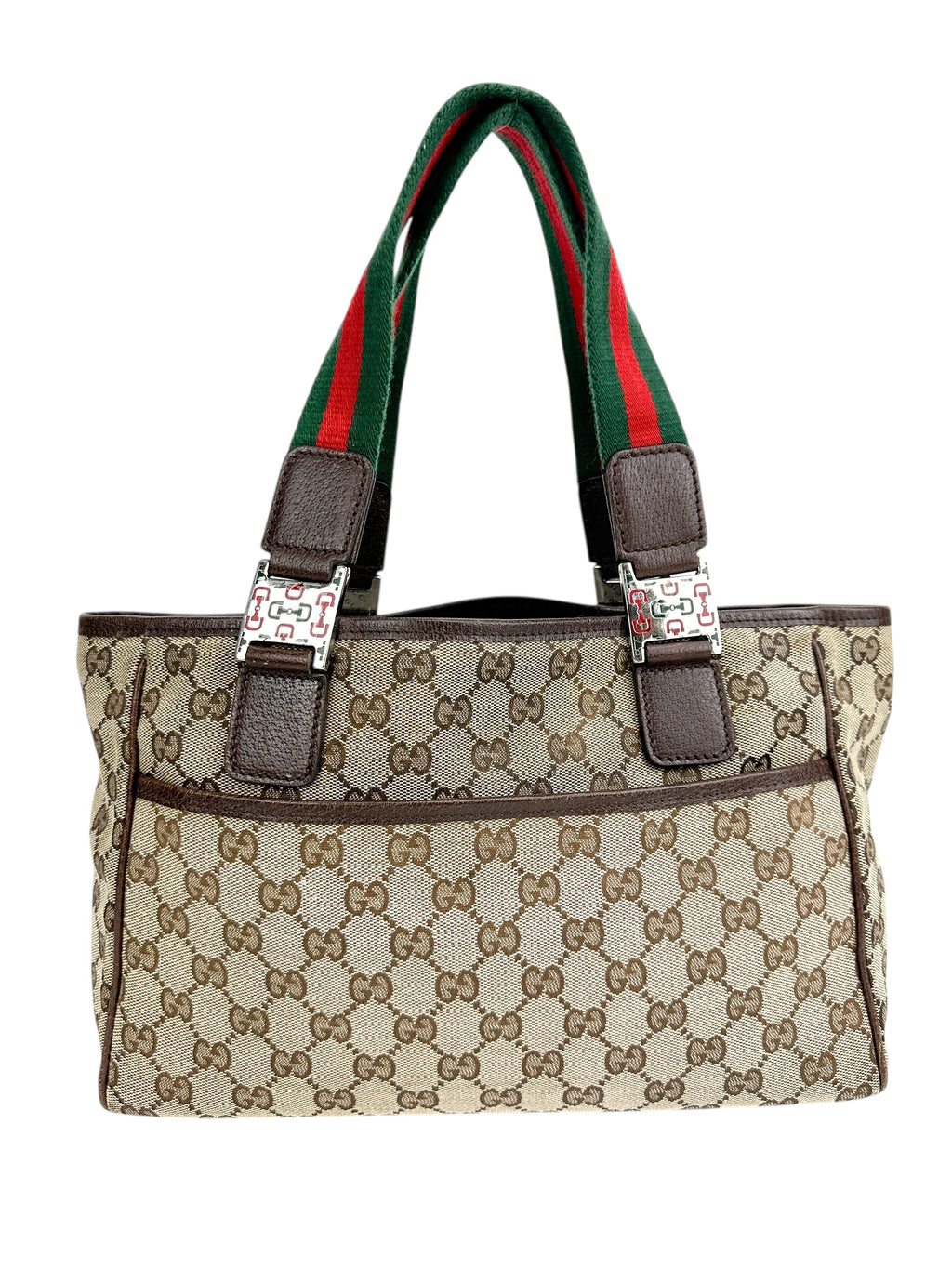 Gucci GG Canvas Small Tote w/ Heritage Stripe Strap