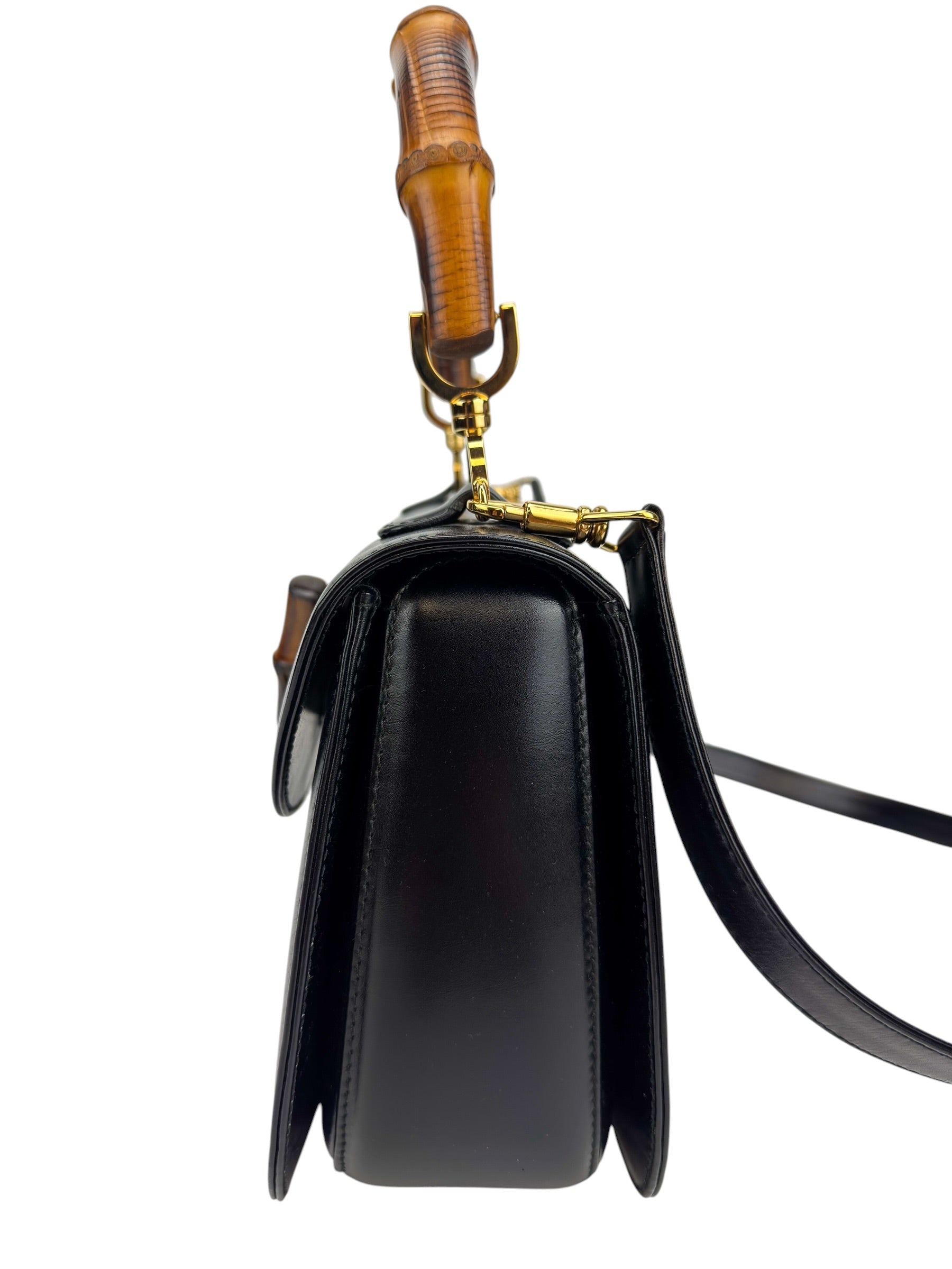 Gucci Vintage Medium Black Leather 1947 Bamboo Bag
