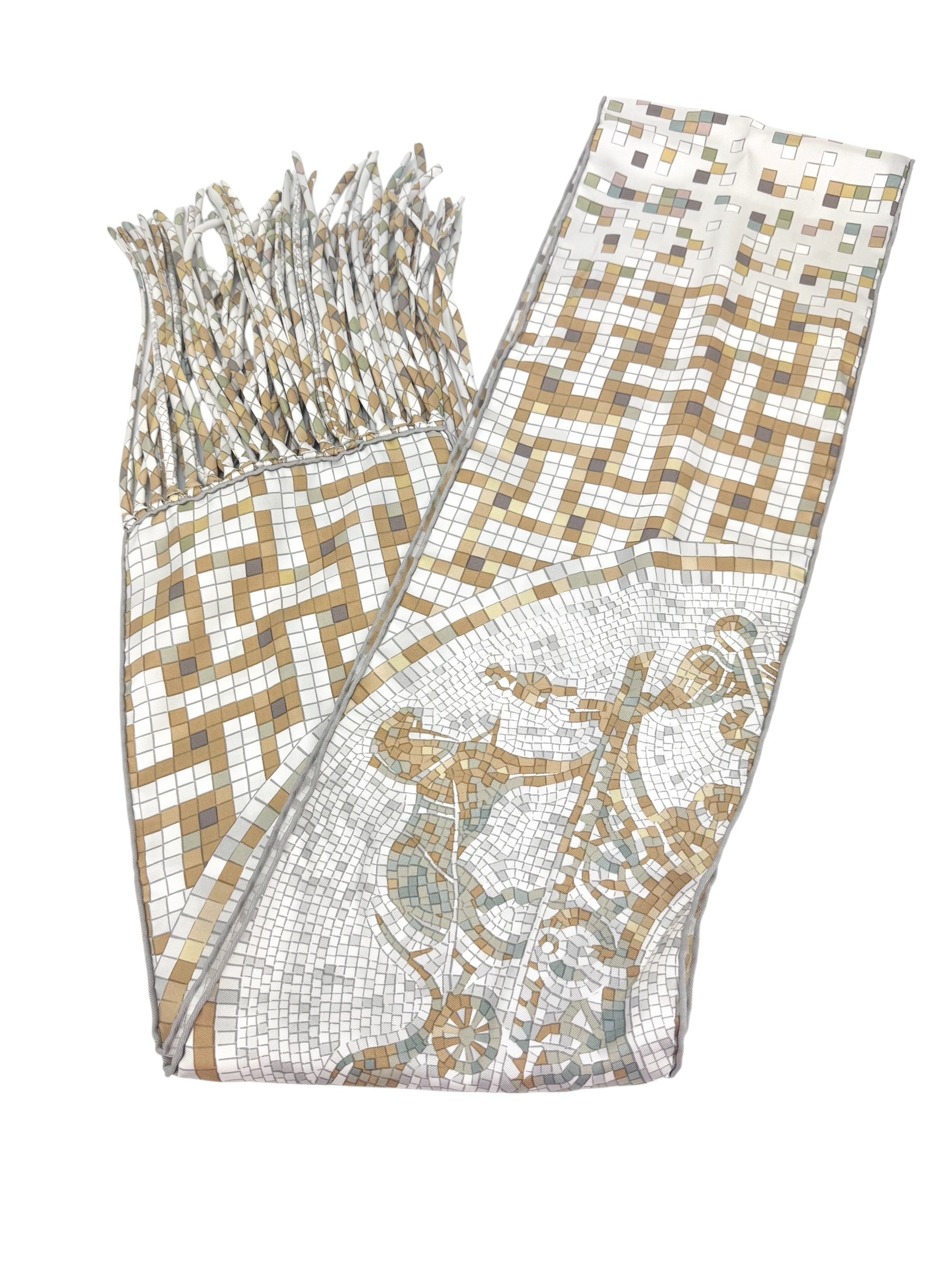 Hermès Mosaic 'H' Logo Fringe 100% Silk Scarf/Shawl