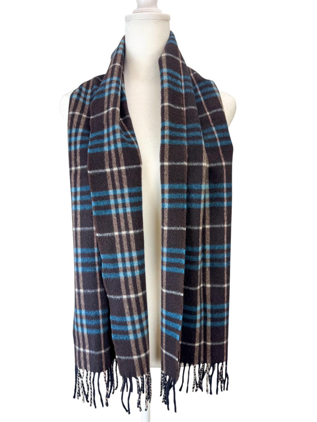 Burberry Brown and Blue Plaid Cashmere Scarf