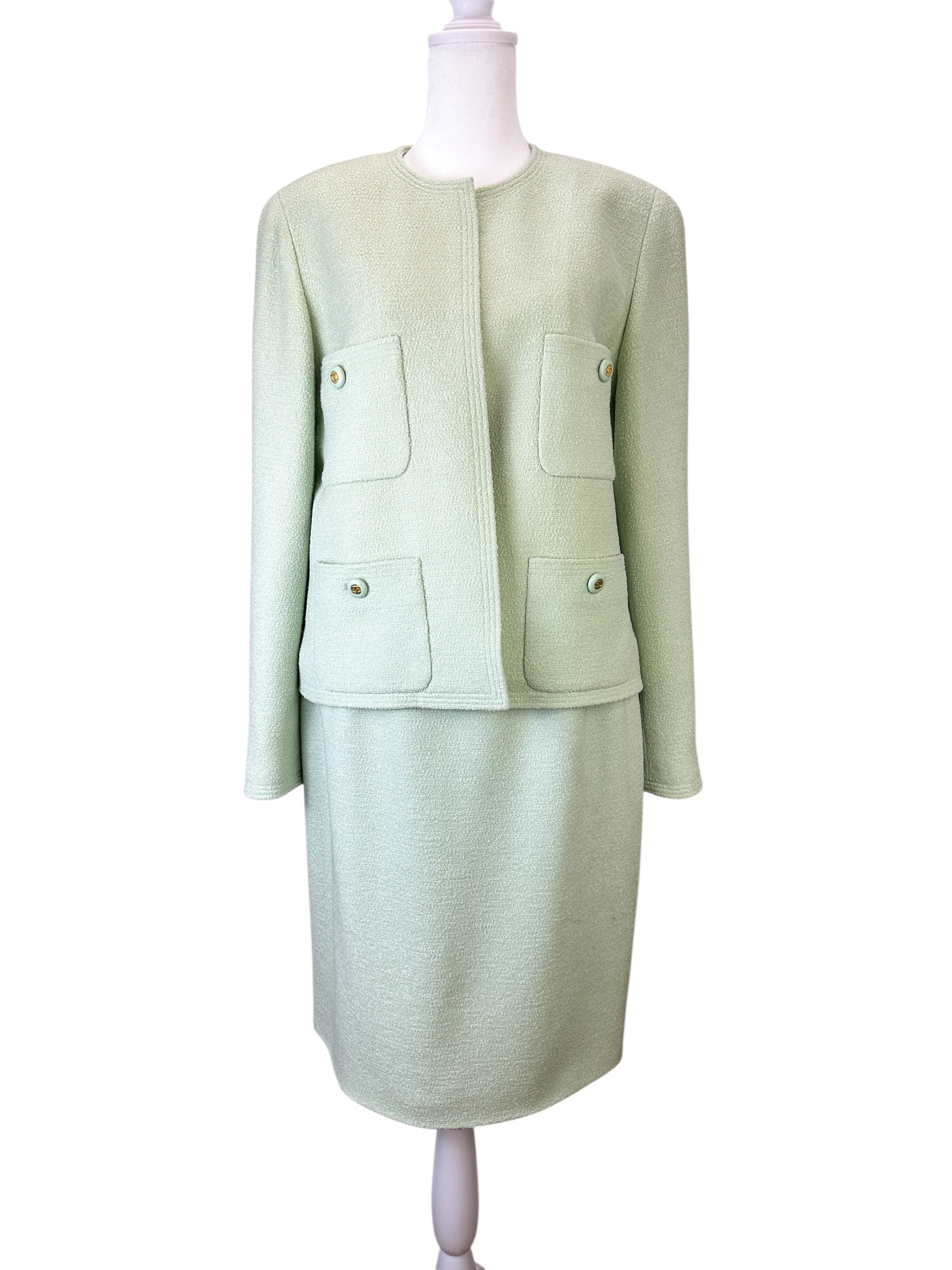 Chanel Green Tweed Jacket and Skirt Suit Size 42