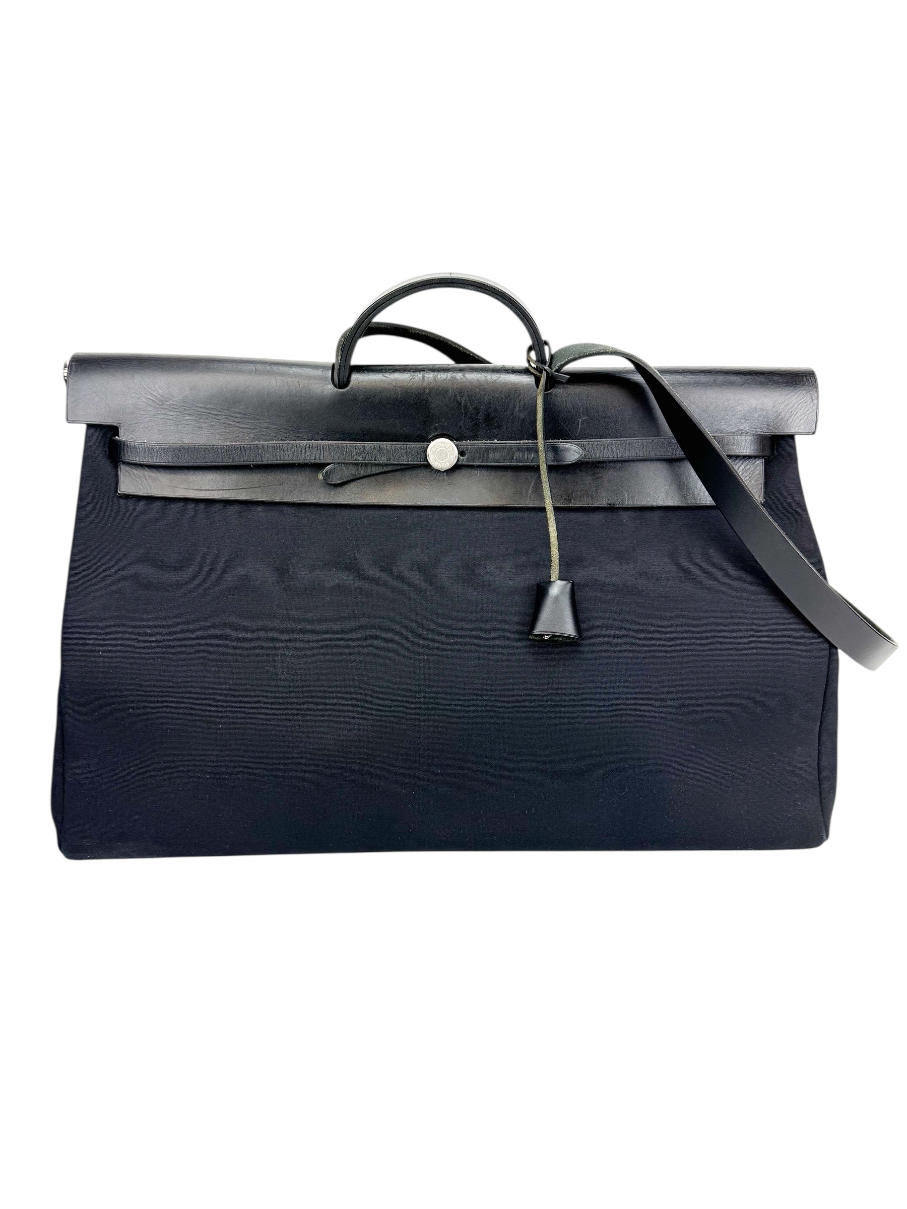 Hermès Black Toile and Leather XL Herbag W/ Spare Bag