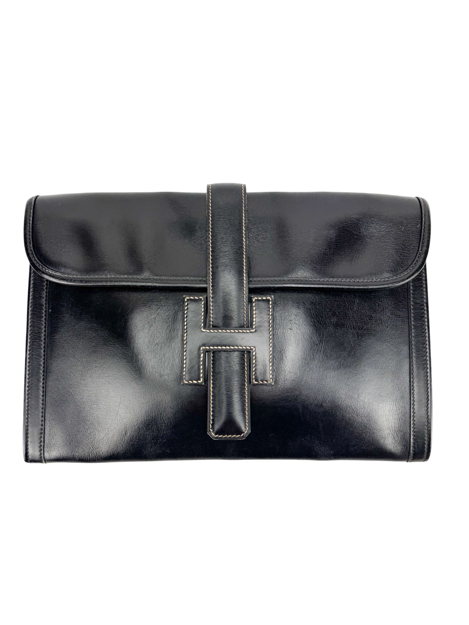 Hermès Vintage Black Box Calf Leather Jige Clutch PM