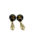 Chanel Black Gold Pearl Drop Clip-On Earrings