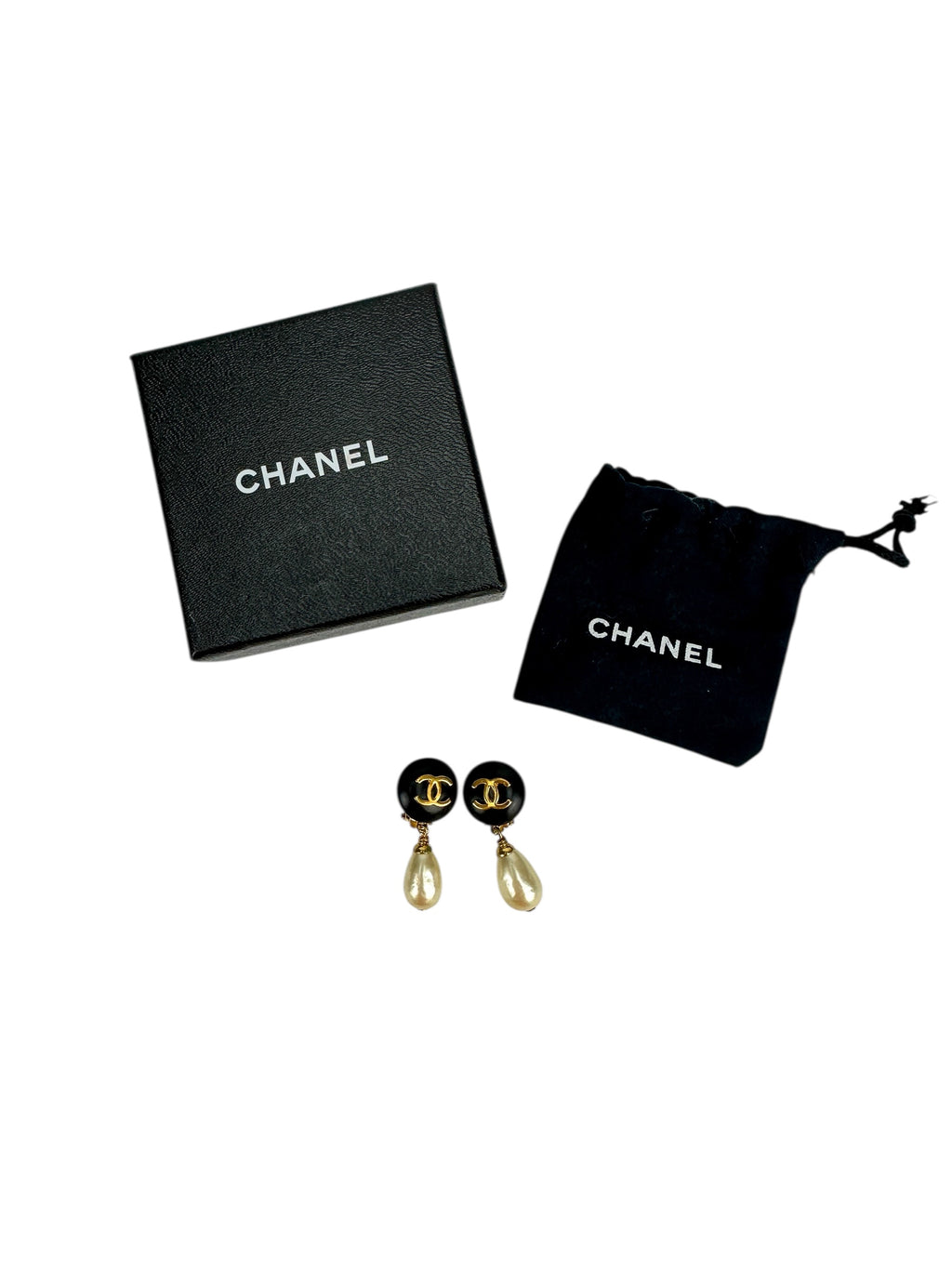 Chanel Black Gold Pearl Drop Clip-On Earrings