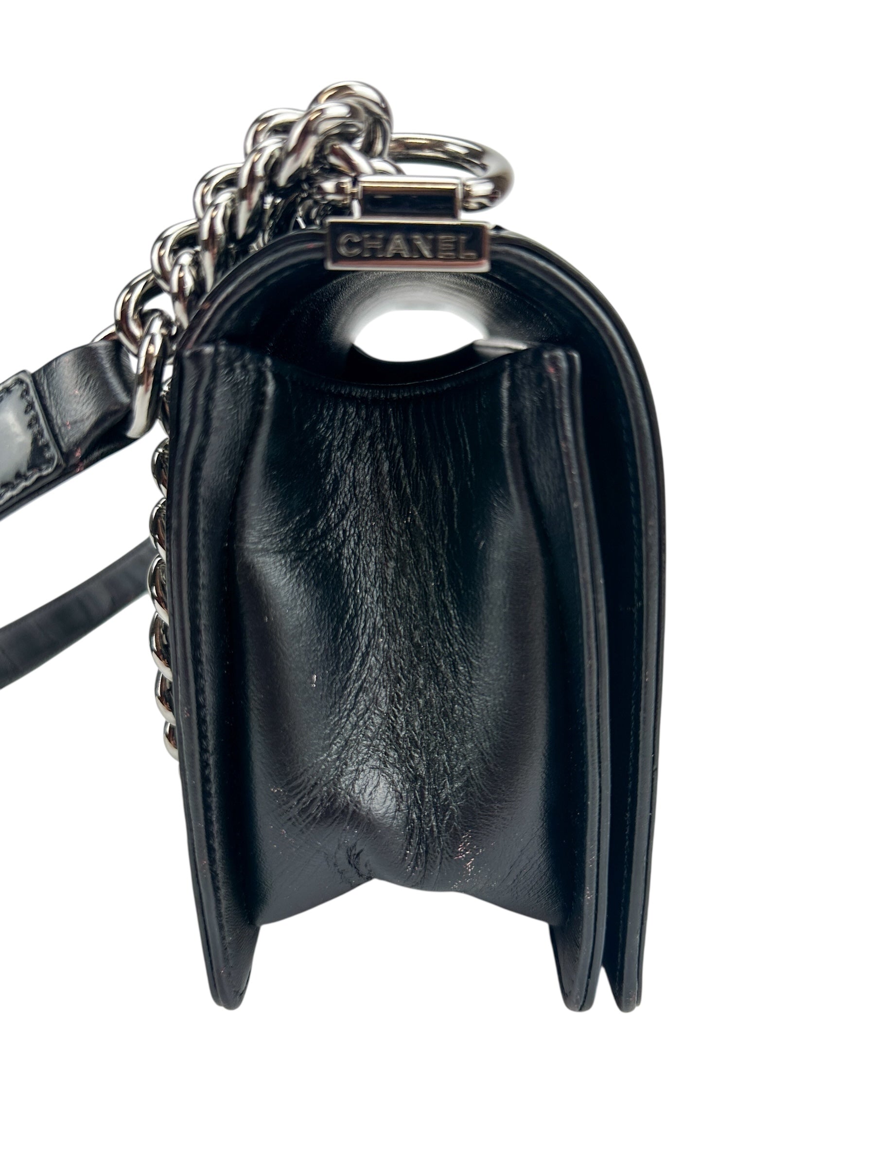 Chanel Medium Black Patent Leather Boy Bag