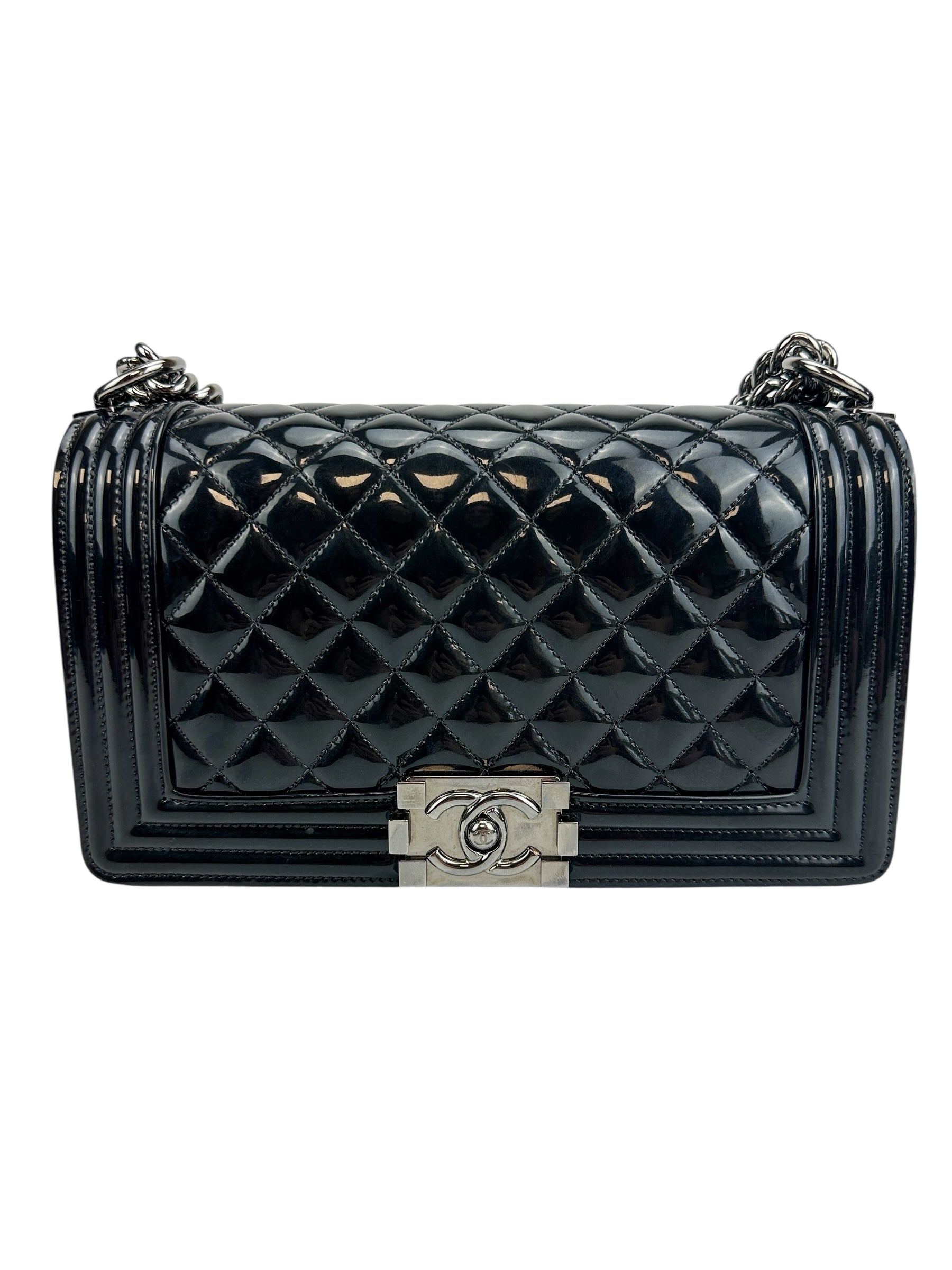 Chanel Medium Black Patent Leather Boy Bag