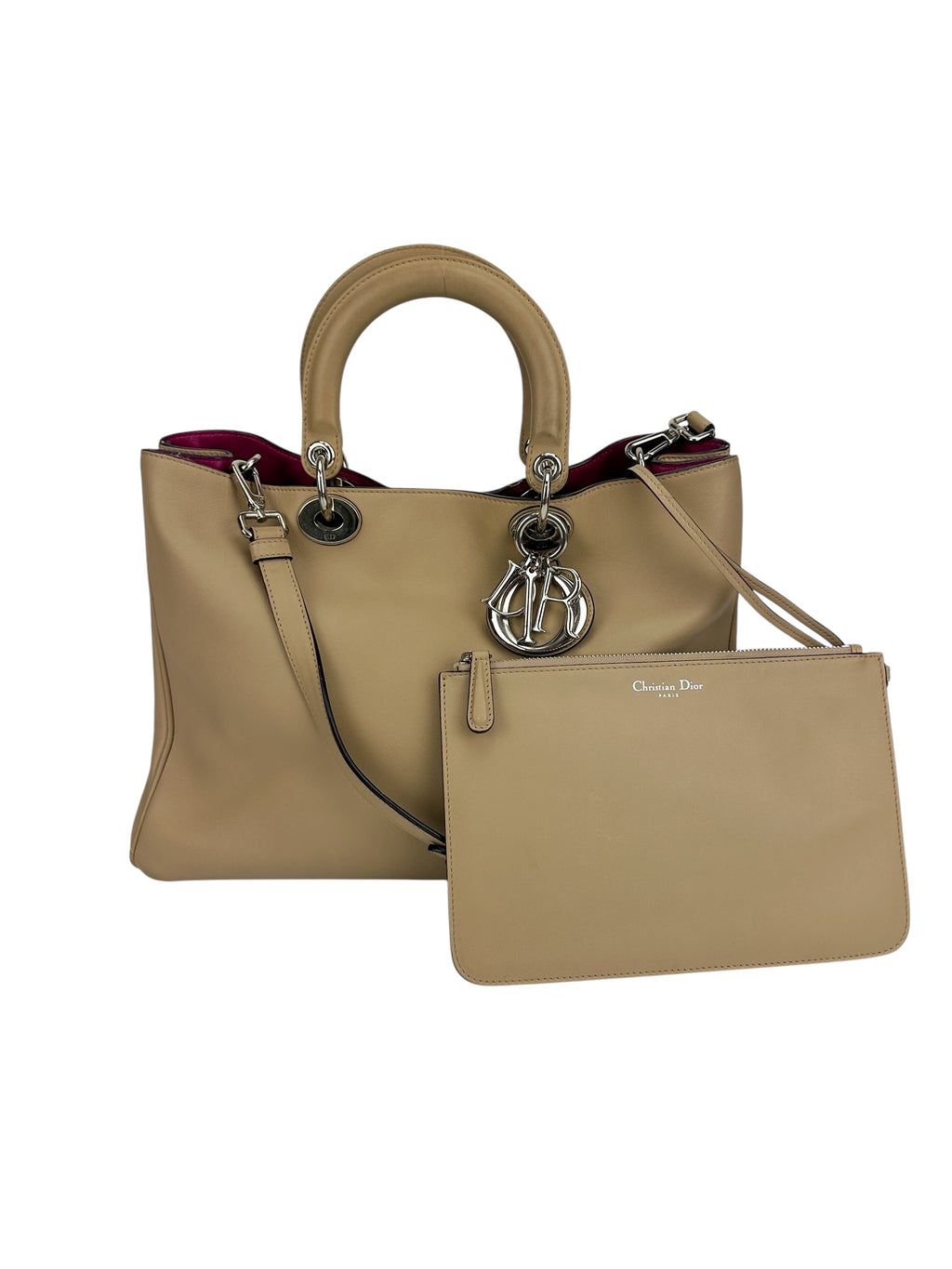 Christian Dior Beige Large Diorissimo Leather Bag W/ Pouch